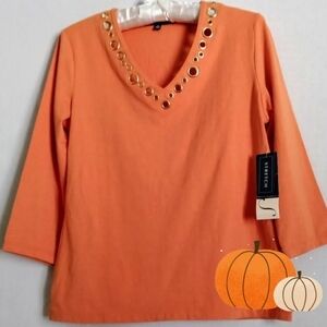 NEW Jones New York Signature V-Neck Cotton Top Pumpkin Orange NWT